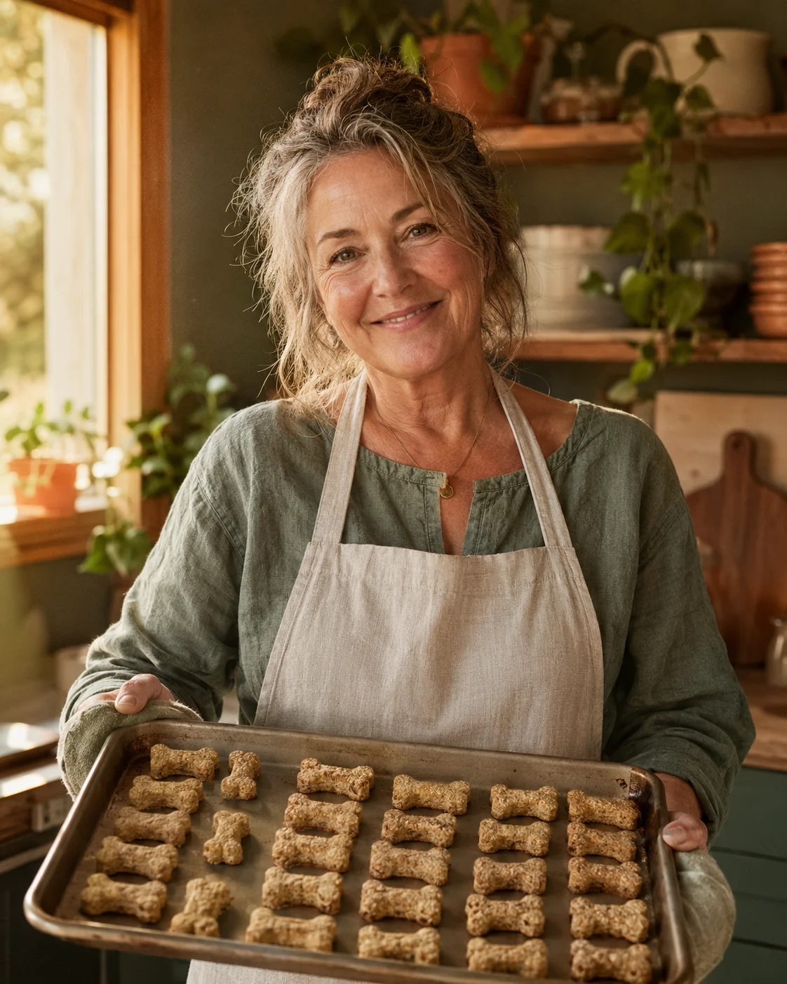 Mulher a cozinhar em casa com uma fornada de biscoitos para cão